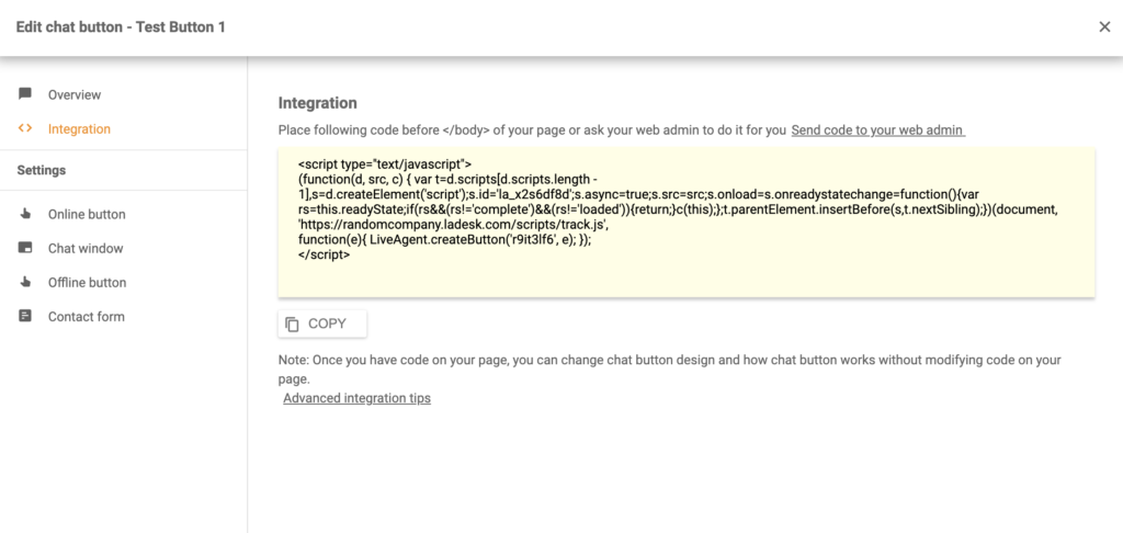 Tērzēšanas pogas kods, kas ģenerēts LiveAgent