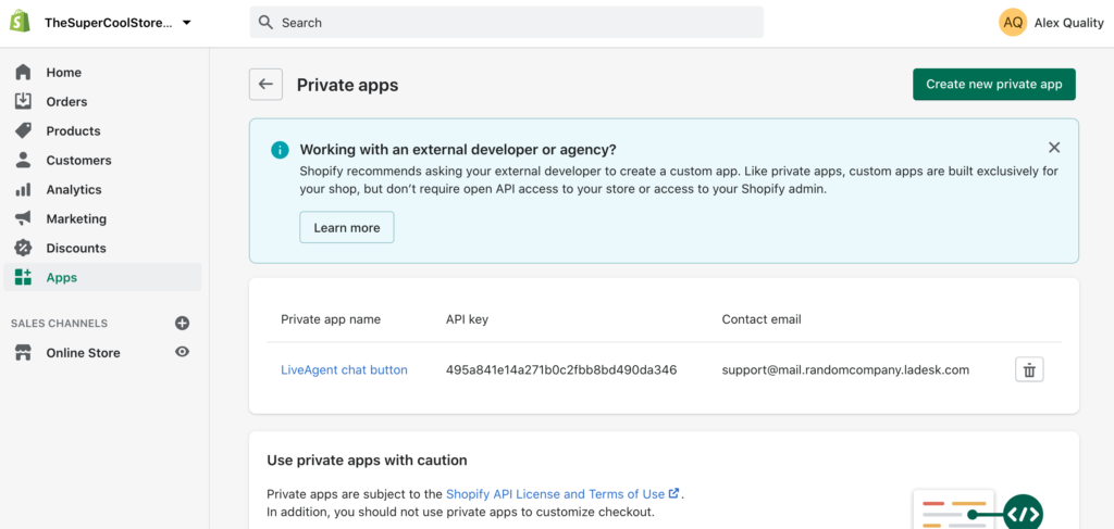 Izveidojiet jaunu privātu lietotni Shopify, lai izveidotu integrāciju ar LiveAgent