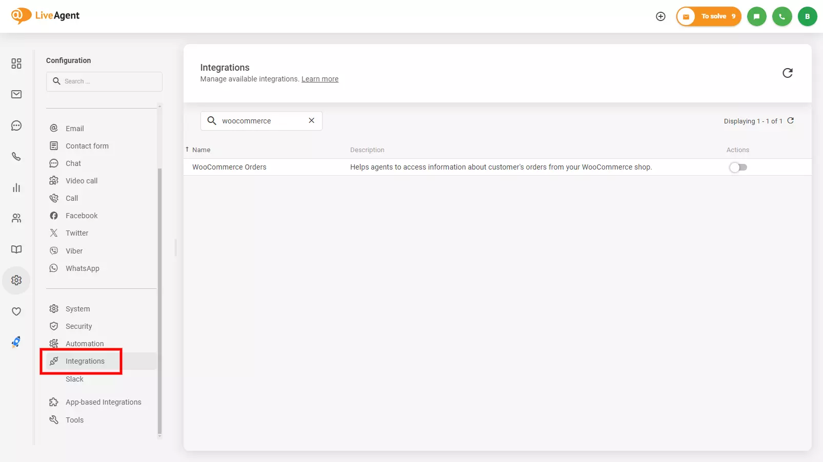 Attēls, kas parāda, kur atrast Woocommerce integrāciju LiveAgent