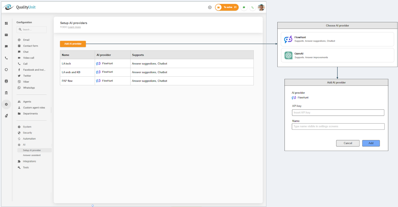 LiveAgent AI nodrošinātāja savienošana