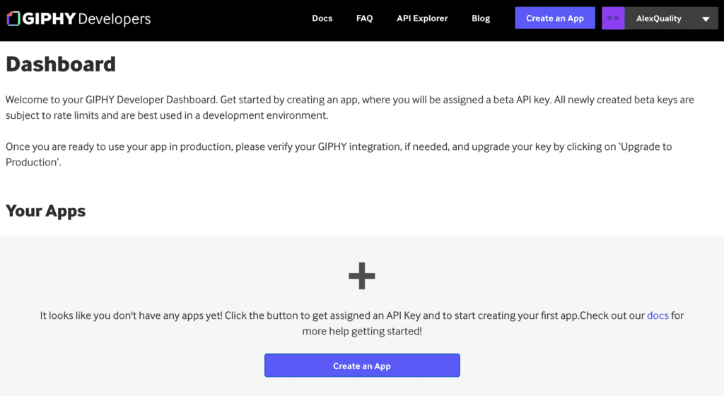 Giphy panelis ar lietotnes izveides iespēju API atslēgas ģenerēšanai