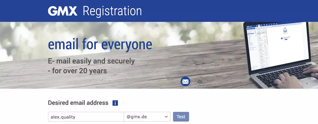 GMX reģistrācijas lapa ar informācijas laukiem