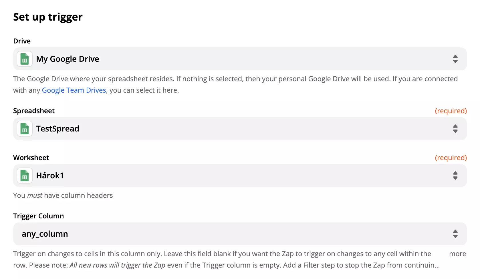 Google Sheets trigera iestatīšanas opcijas un lauki