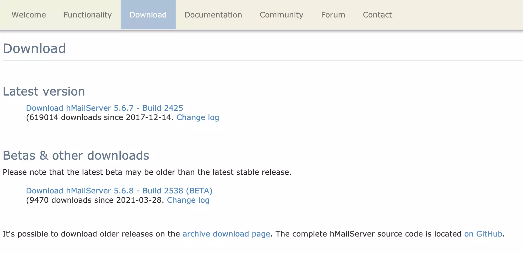 HMailServer lejupielādes lapa