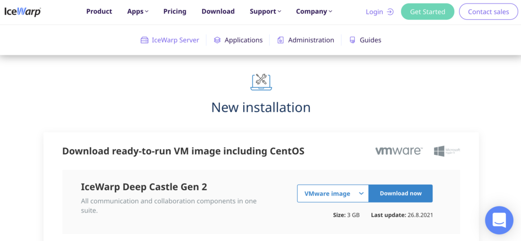 IceWarp vietne ar instalācijas sadaļu un lejupielādes saitēm