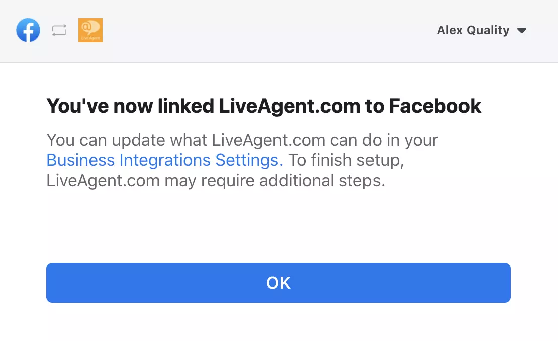 Uznirstošais logs, kas apstiprina veiksmīgu integrāciju starp Facebook un LiveAgent