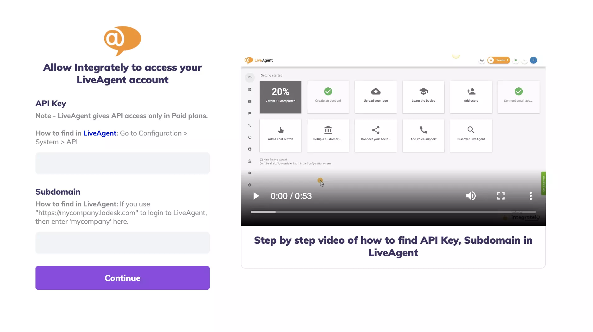API atslēgas un apakšdomēna lauki Integrately integrācijas pārbaudē