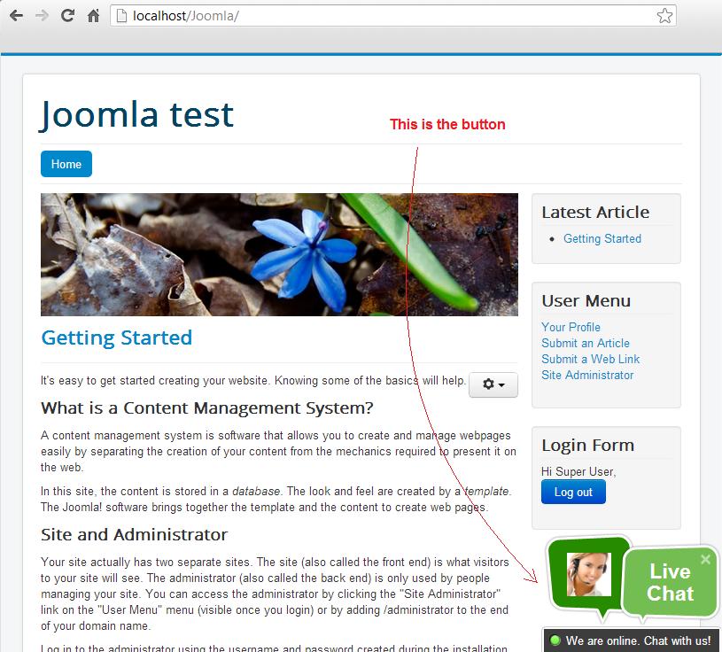 Joomla tiešās tērzēšanas pogas displejs