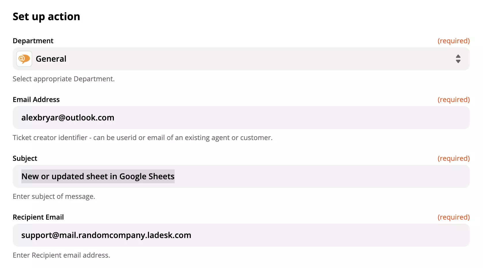 LiveAgent darbības iestatīšana Google Sheets integrācijā