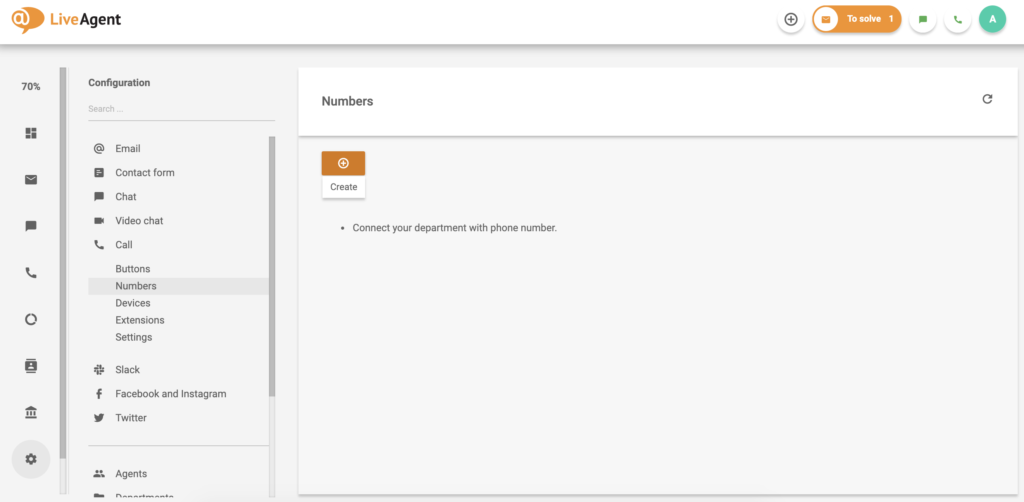 LiveAgent zvanu numura ekrāns ar opciju izveidot jaunu numuru