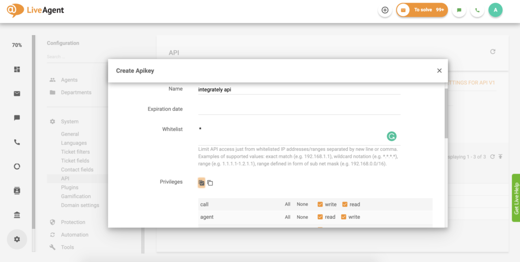 API atslēgas iestatīšana LiveAgent