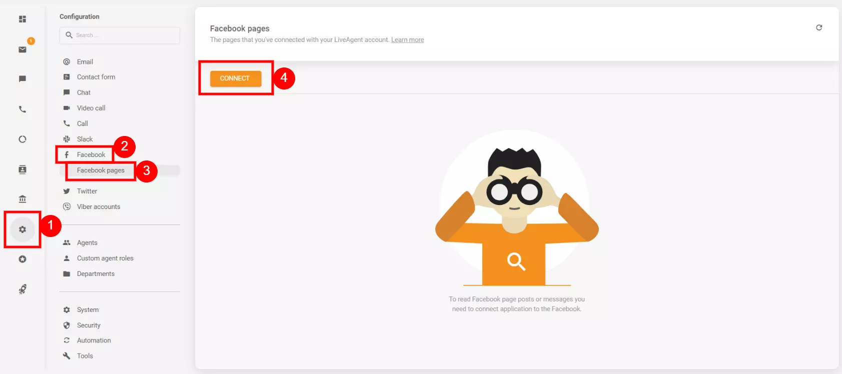 Konfigurācijas iestatījumi, lai savienotu savu Facebook kontu ar LiveAgent