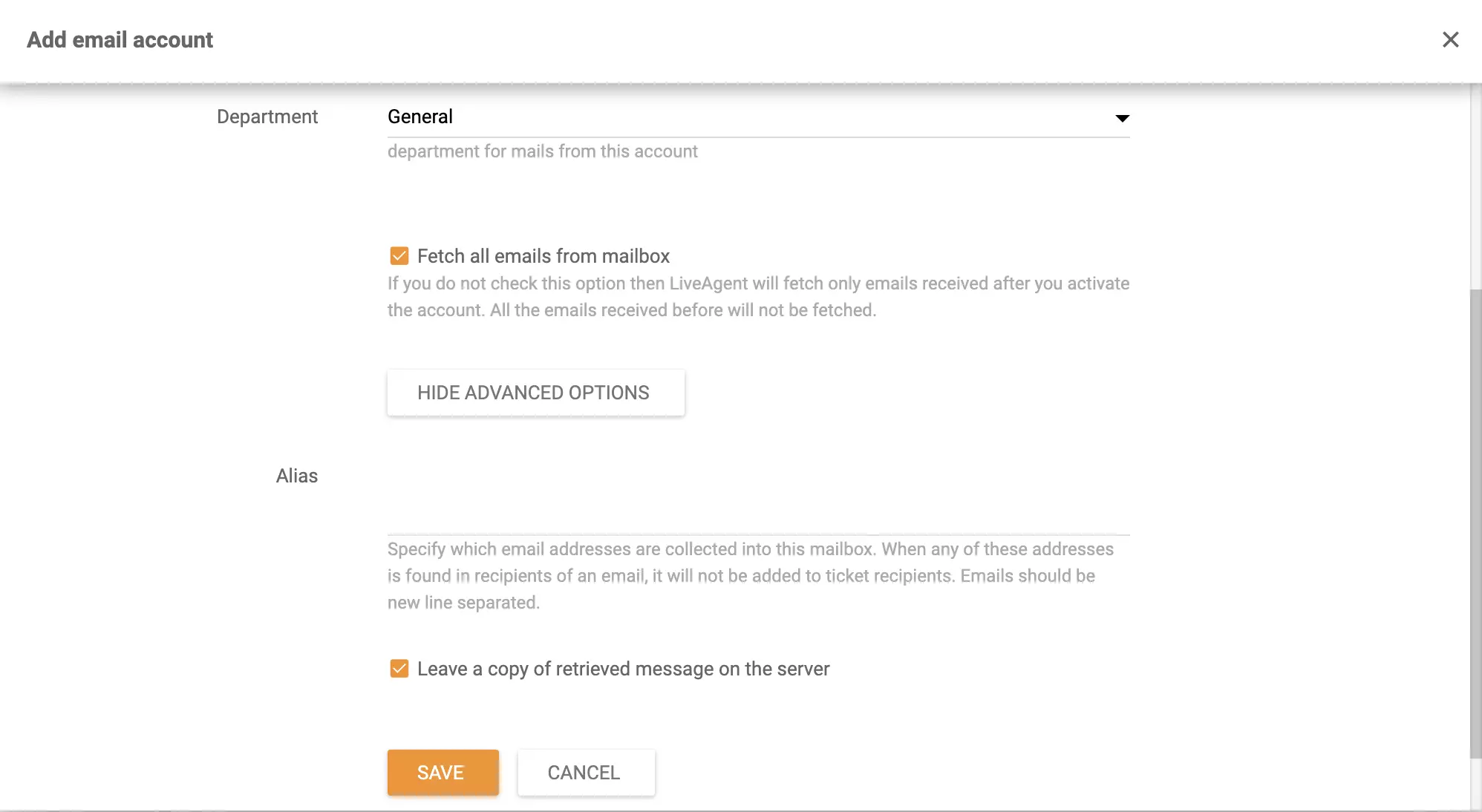 Pievienot e-pasta kontu LiveAgent