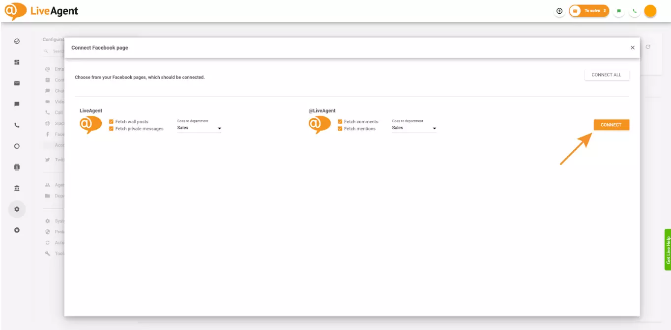 Izvēļņu atzīmēšana iestatījumos, kas ļauj LiveAgent iegūt komentārus un pieminējumus