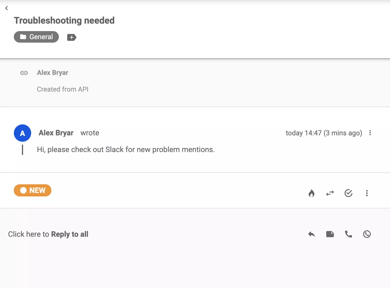 Biļete, kas nosūtīta uz LiveAgent pēc atslēgvārda parādīšanās Slack