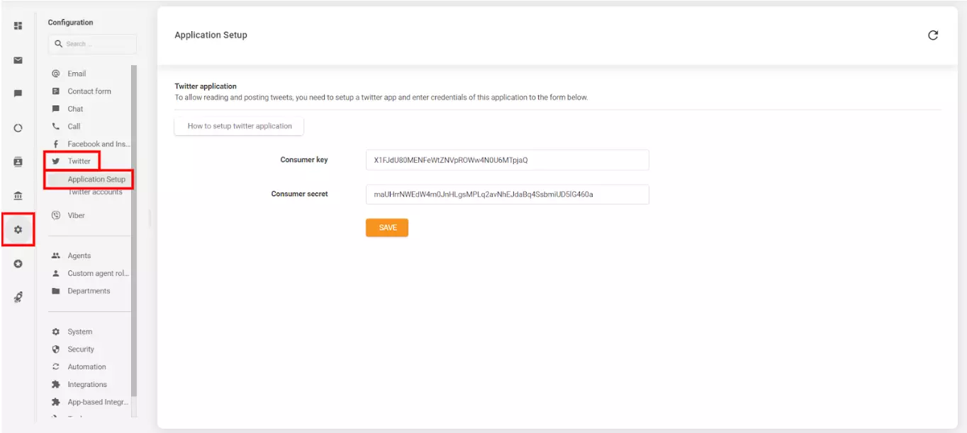 Attēls parāda, kur un kā savienot savu LiveAgent kontu ar savu izveidoto Twitter (X) kontu