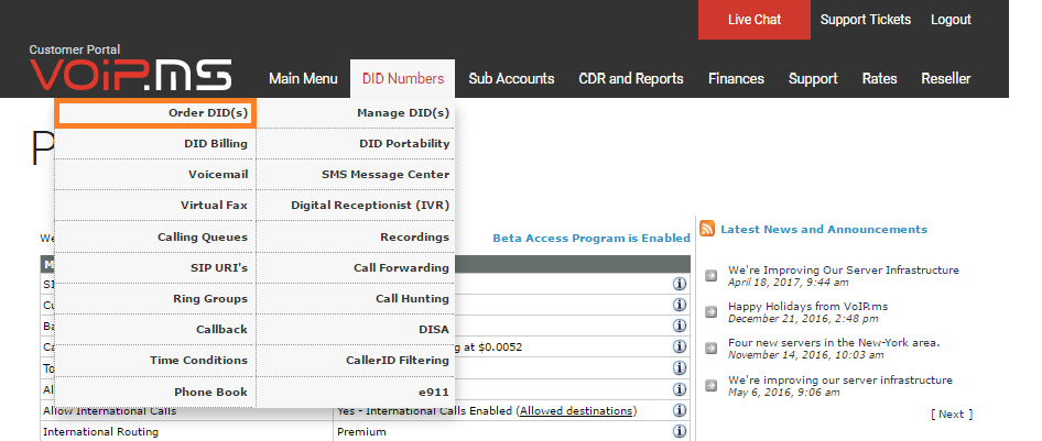 DID numuru sadaļa VoIP.ms
