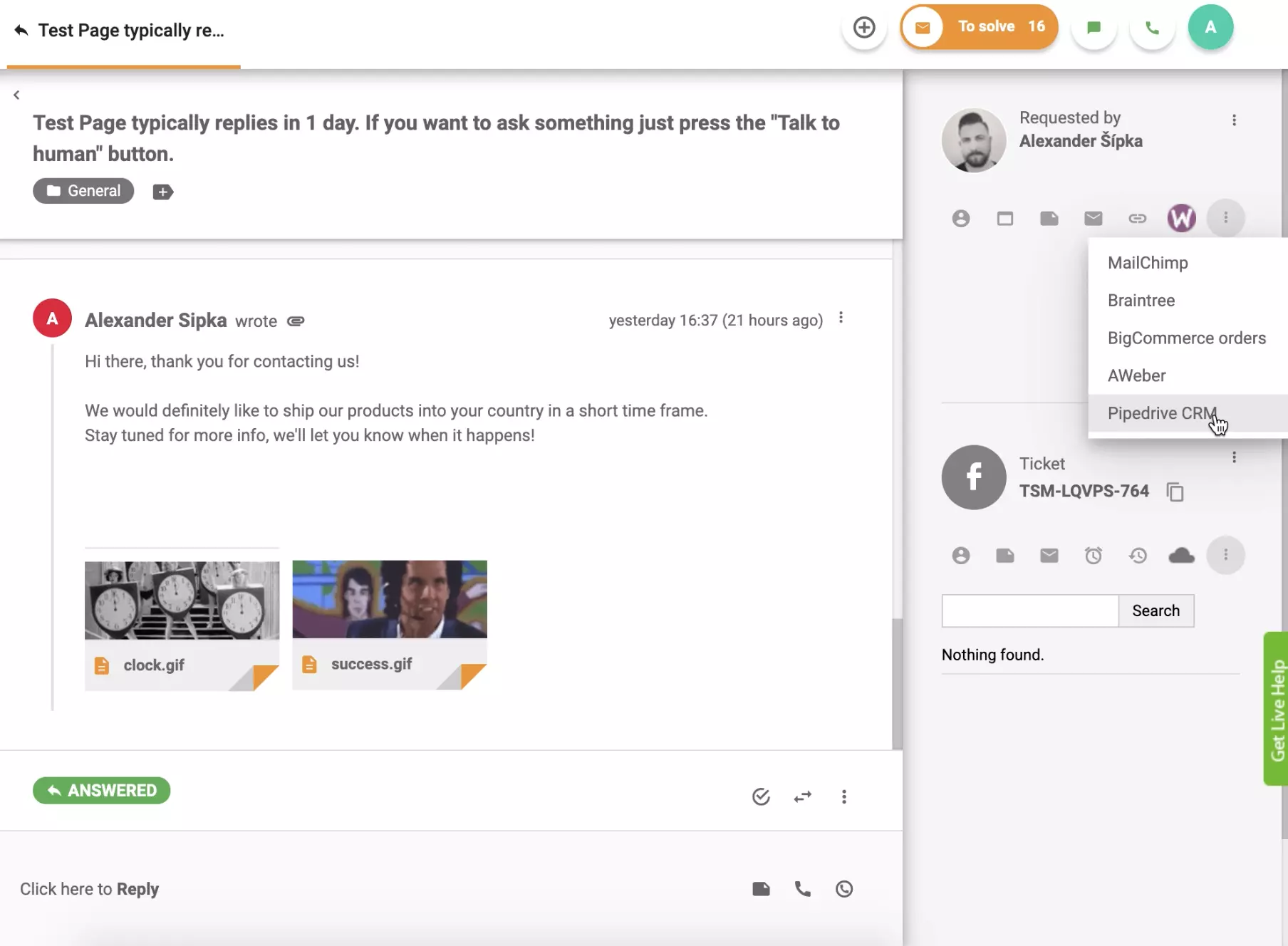 PipeDrive CRM ir aktīvs LiveAgent biļetes skatā