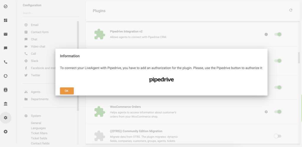 Noklikšķiniet uz PipeDrive logotipa, lai turpinātu ar PipeDrive integrāciju LiveAgent