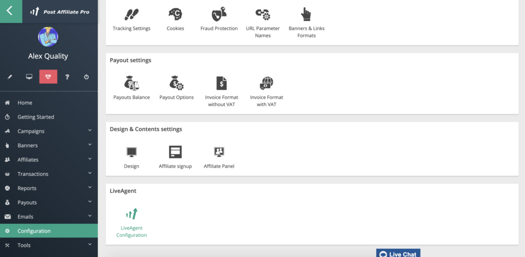 LiveAgent konfigurācija Post Affiliate Pro