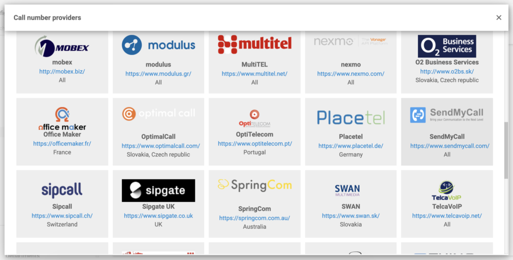 SendMyCall VoIP pakalpojuma sniedzēju sarakstā LiveAgent konfigurācijā