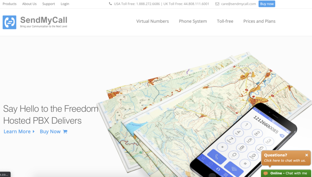 SendMyCall mājas lapa ar Pirkt tagad pogu augšējā labajā stūrī