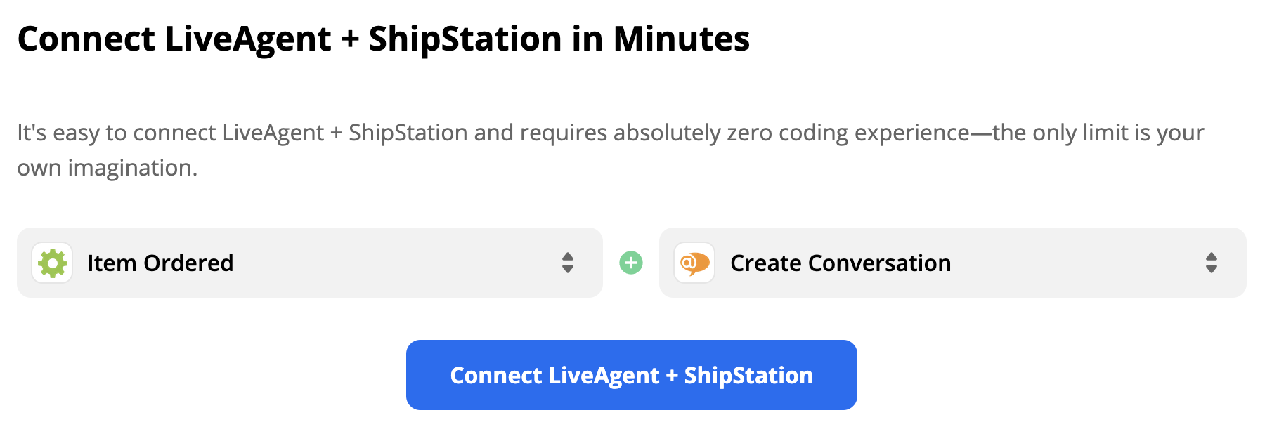 ShipStation trigeris Item Ordered un LiveAgent darbība Create Conversation Zapier integrācijas atlasē