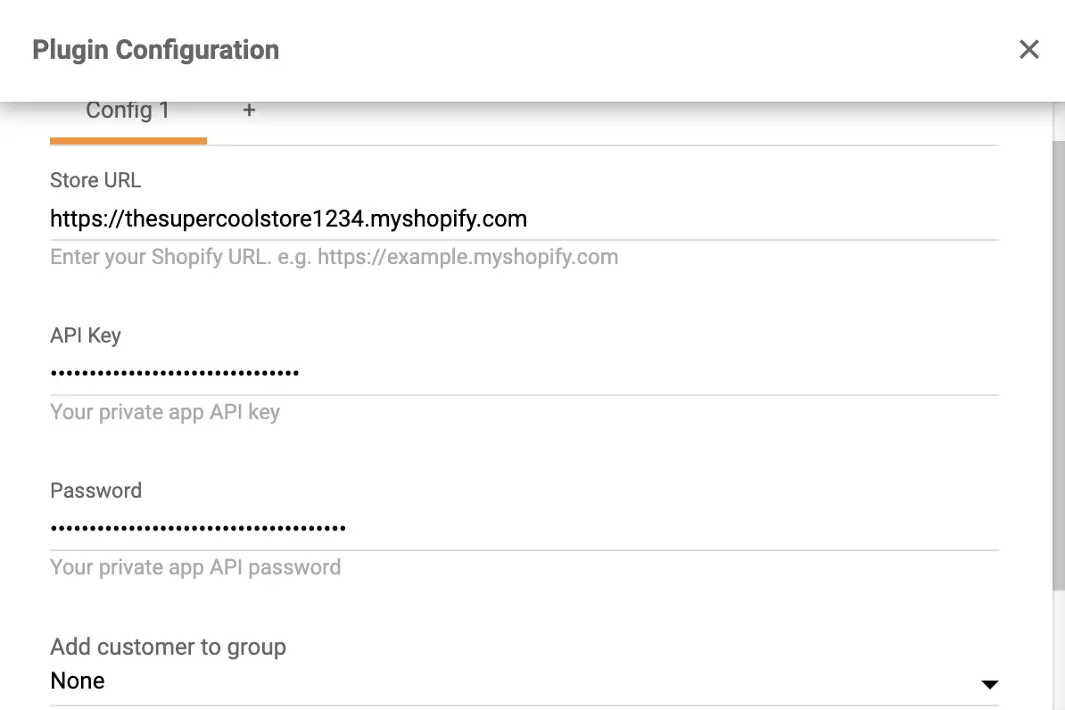 Kopējiet un ielīmējiet API atslēgu un paroli Shopify spraudņa konfigurācijā LiveAgent