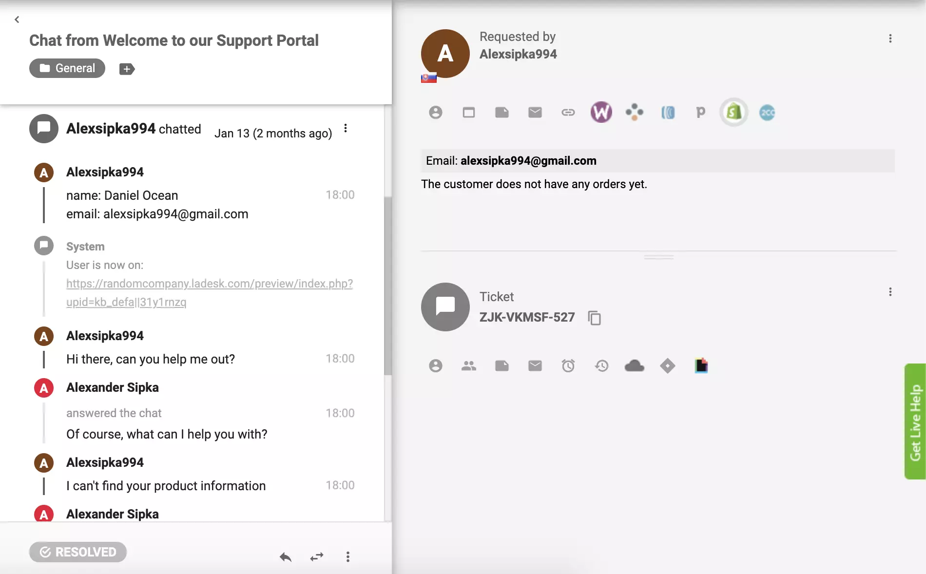 Shopify spraudnis ir aktīvs LiveAgent un klienta pasūtījumi ir redzami no biļetes skata