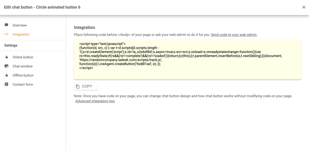Silverstripe tērzēšanas pogas integrācijas kods LiveAgent
