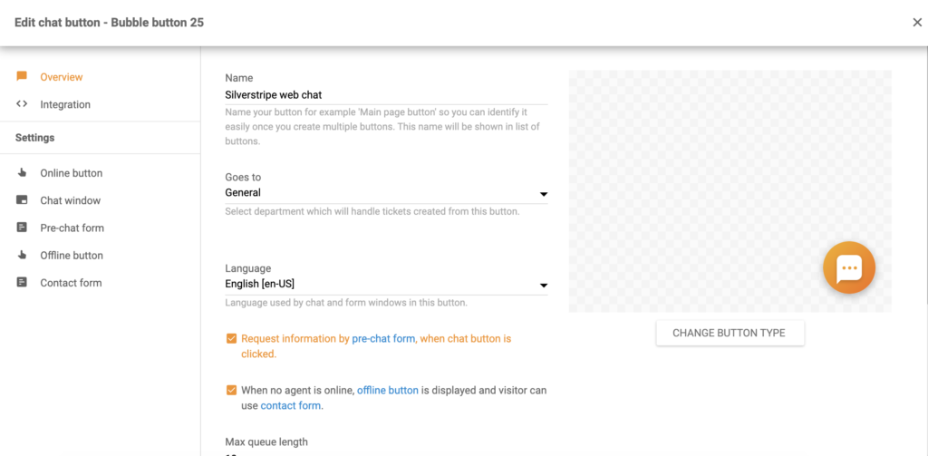 Silverstripe tērzēšanas pogas konfigurācija LiveAgent