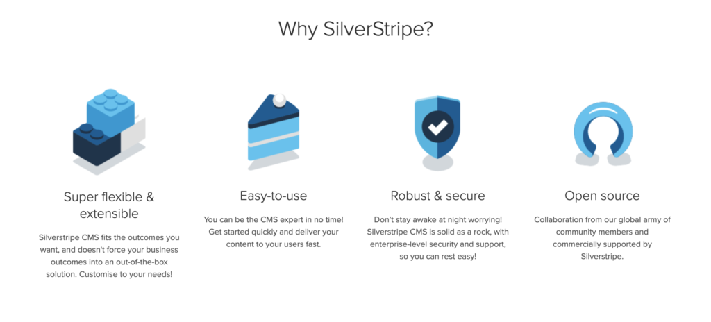 Silverstripe sākumlapa ar uzskaitītajiem līdzekļiem