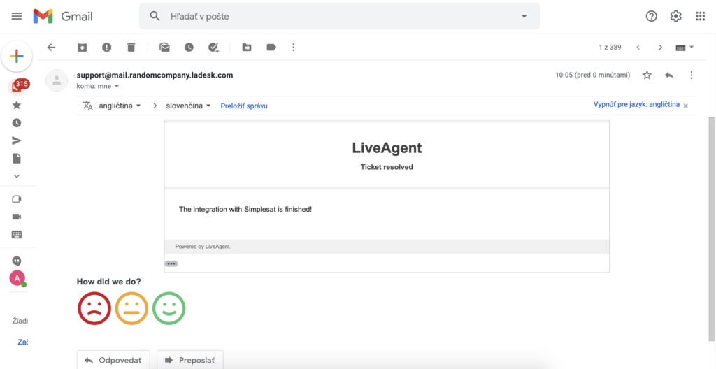 LiveAgent ziņojums ar Simplesat atsauksmi Gmail iesūtnē