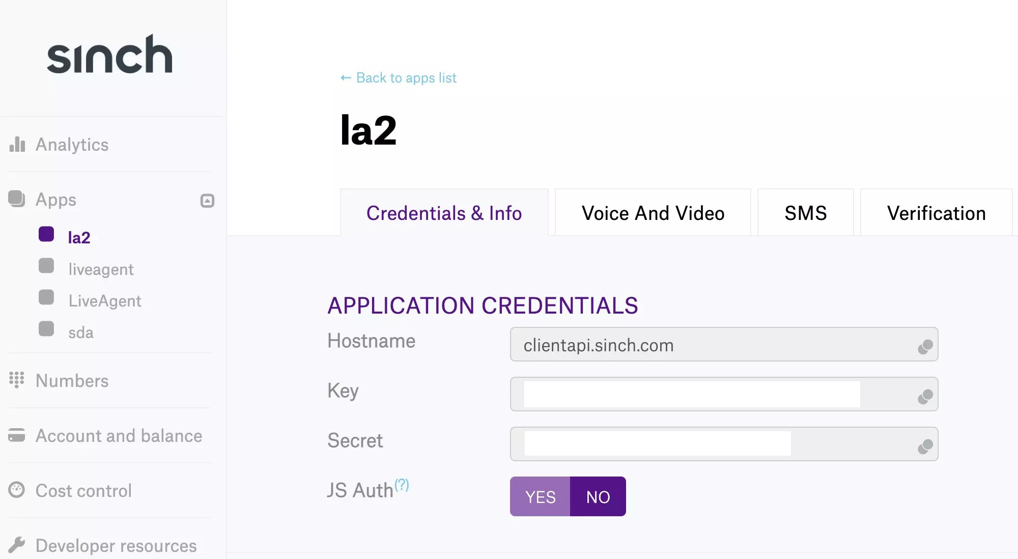 Sinch app Key and Secret in second app