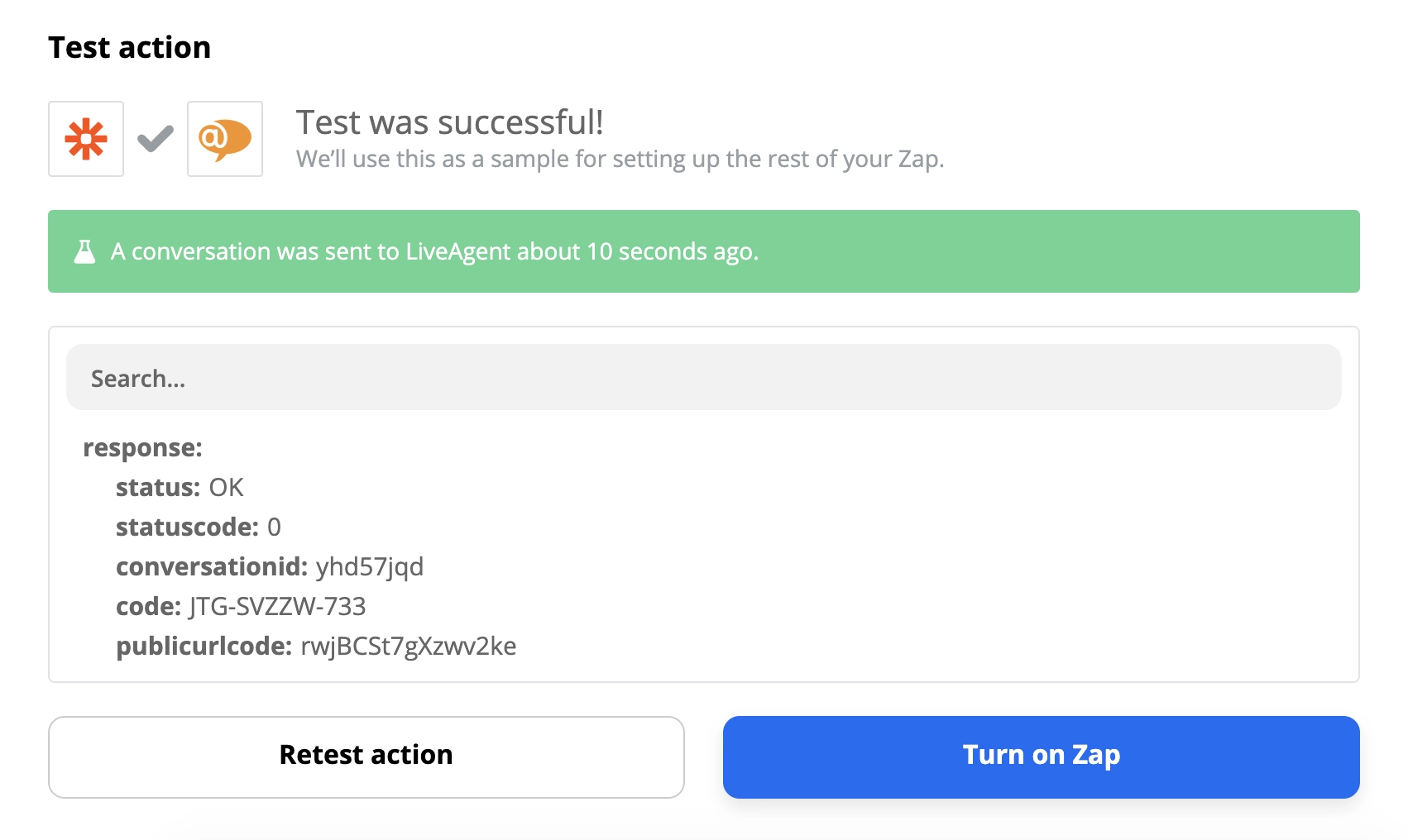Veiksmīgs LiveAgent un Slack integrācijas tests Zapier