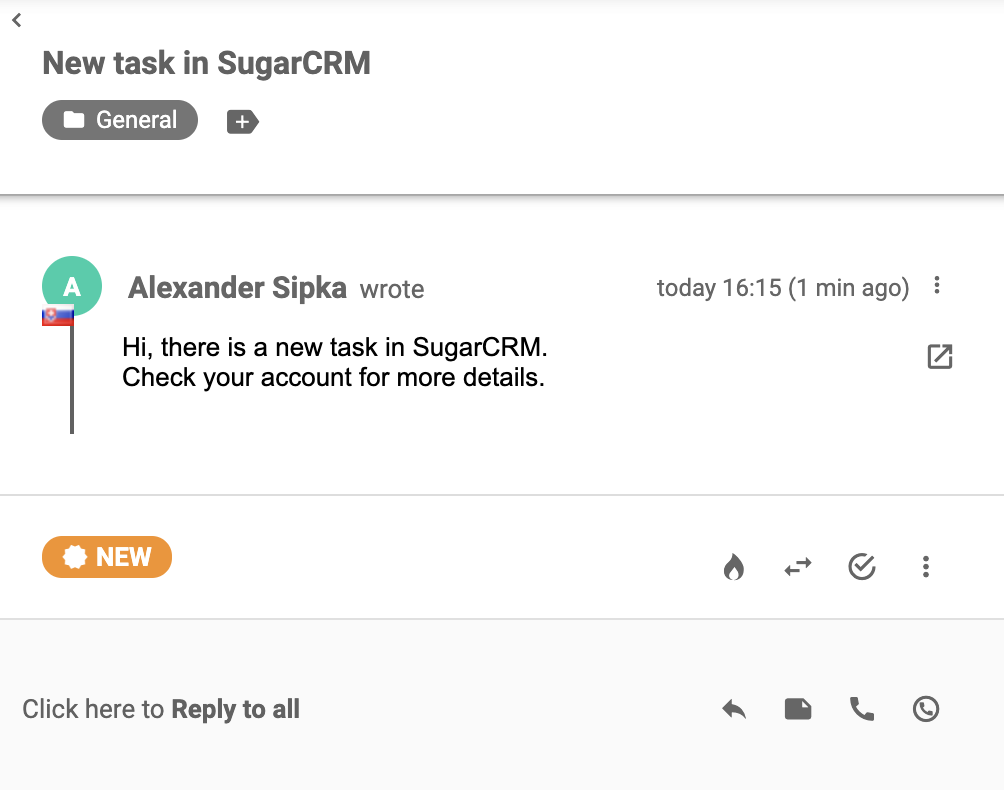 Biļete, kas nonāca LiveAgent pēc veiksmīgas integrācijas ar SugarCRM