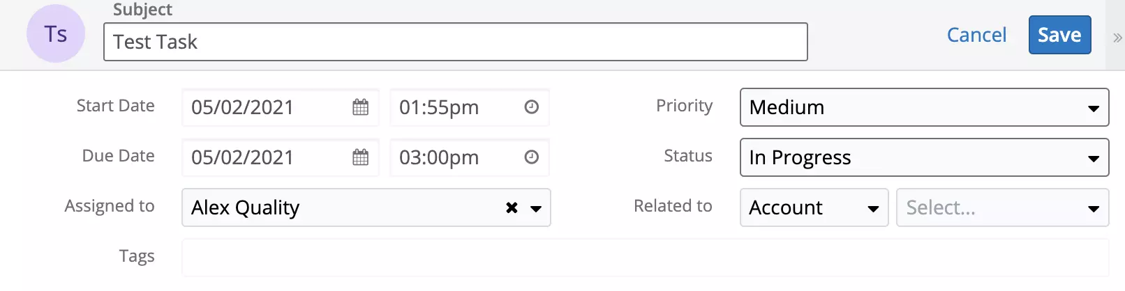 Jauns uzdevums ir izveidots SugarCRM