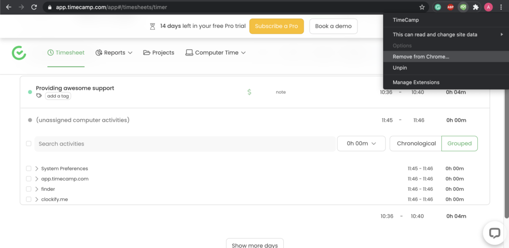Timecamp spraudņa opcijas Google Chrome