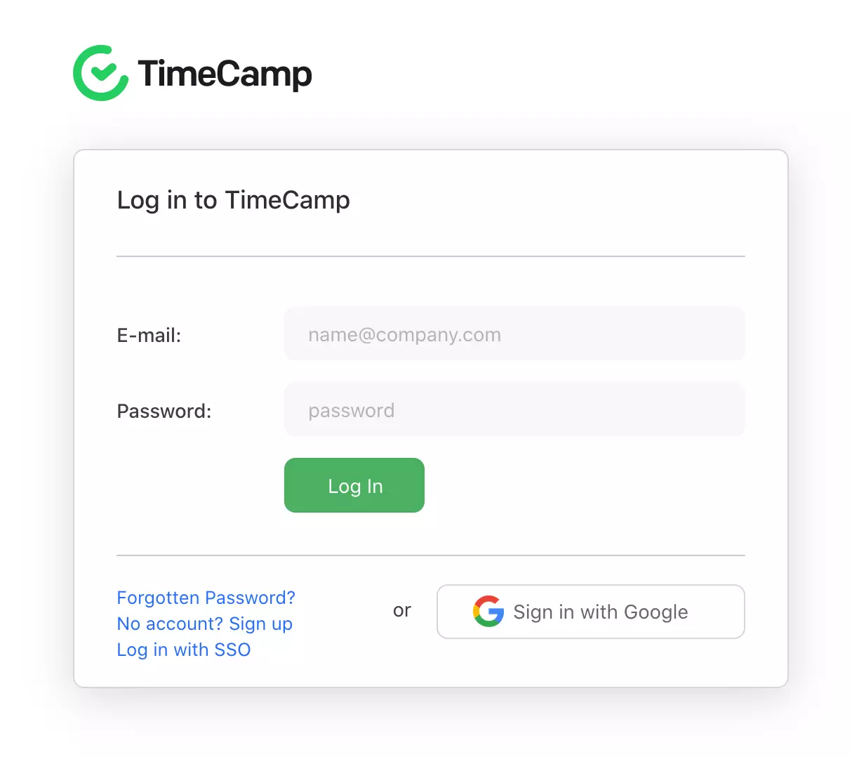 TimeCamp pierakstīšanās lapa