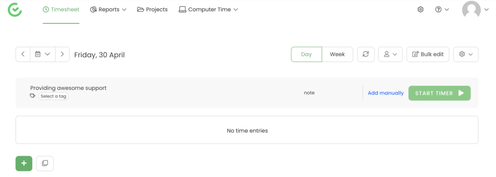 TimeCamp projekta atlase ar sākuma taimeri