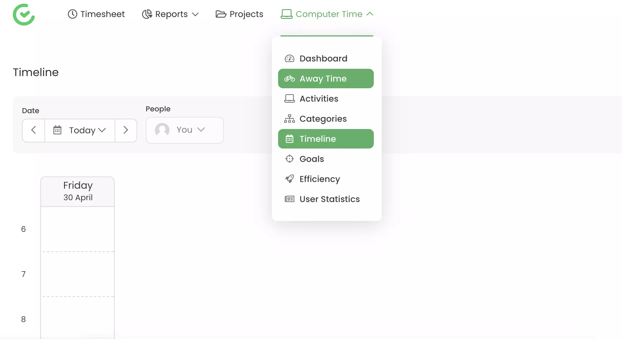 Izsekošanas iespējas, piemēram, prom laiks un laika skala, kas redzama TimeCamp