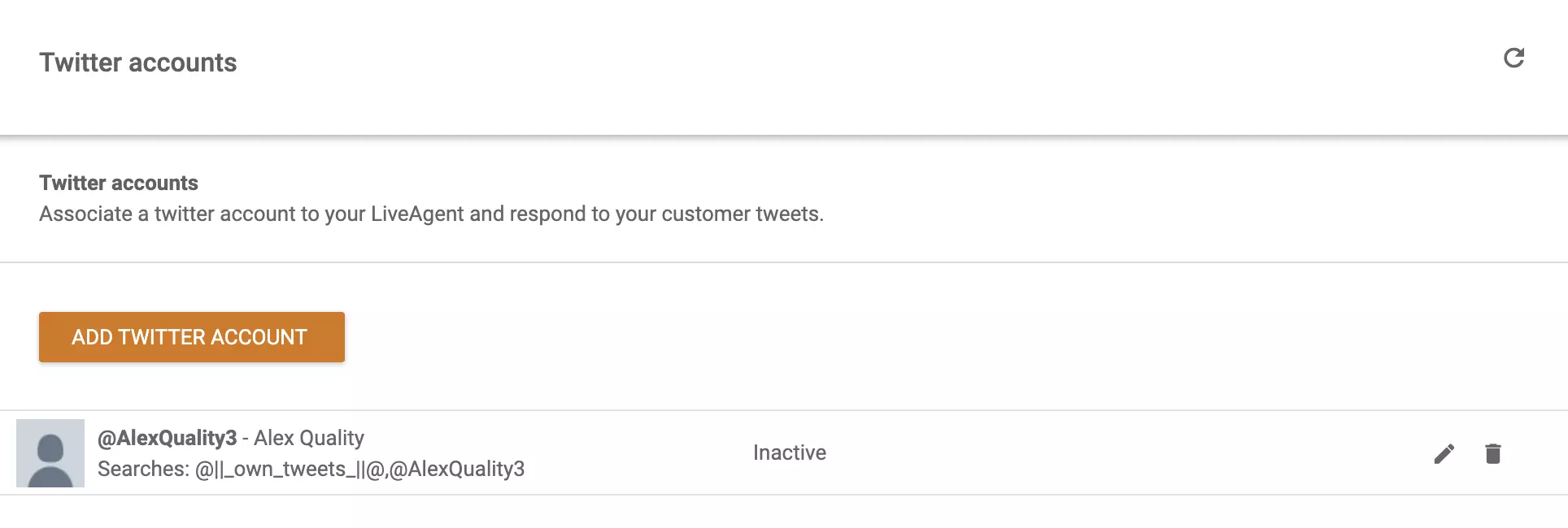 Attēls ar kontiem, kas savienoti ar LiveAgent, un opciju pievienot vēl vienu Twitter (X) kontu sarakstam