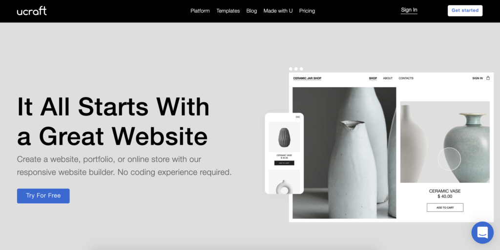 Ucraft sākumlapa ar pogu Sākt augšējā labajā stūrī