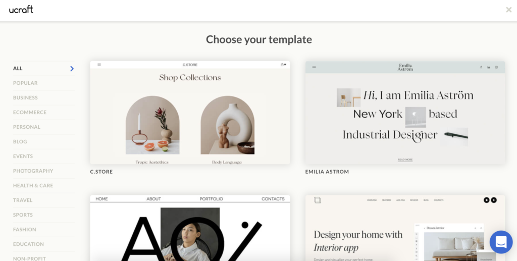 Ucraft veidnes atlases ekrāns ar vairākām veidnes opcijām