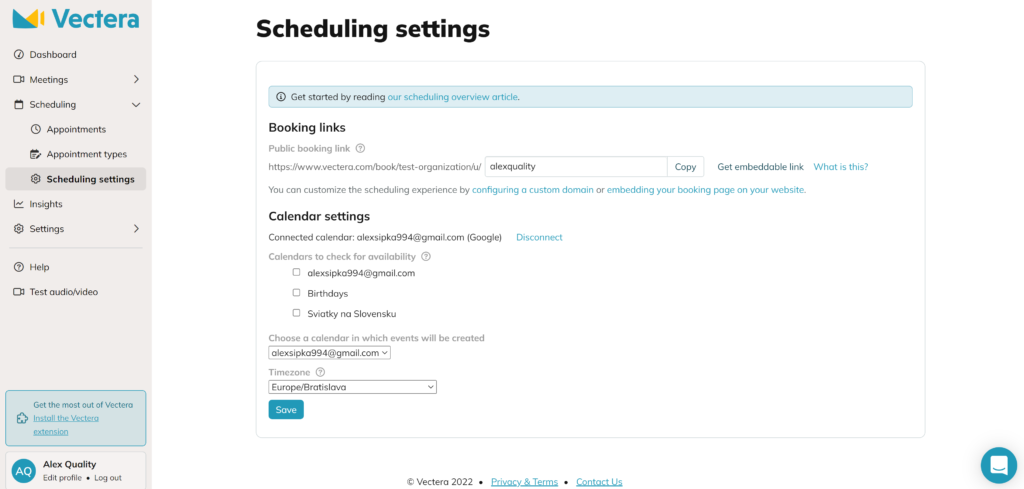 Vectera Scheduling meetings settings with the option to get an embeddable link