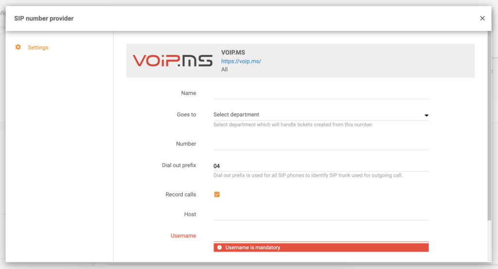 VoIP.ms konfigurācija LiveAgent zvanu iestatījumos