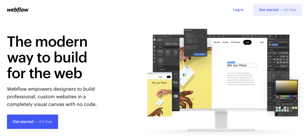 Webflow sākumlapas attēls ar izmēģinājuma iespēju augšējā labajā stūrī