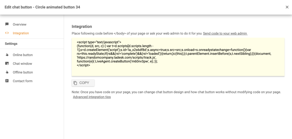 Tērzēšanas pogas kods pēc veiksmīgas konfigurēšanas LiveAgent