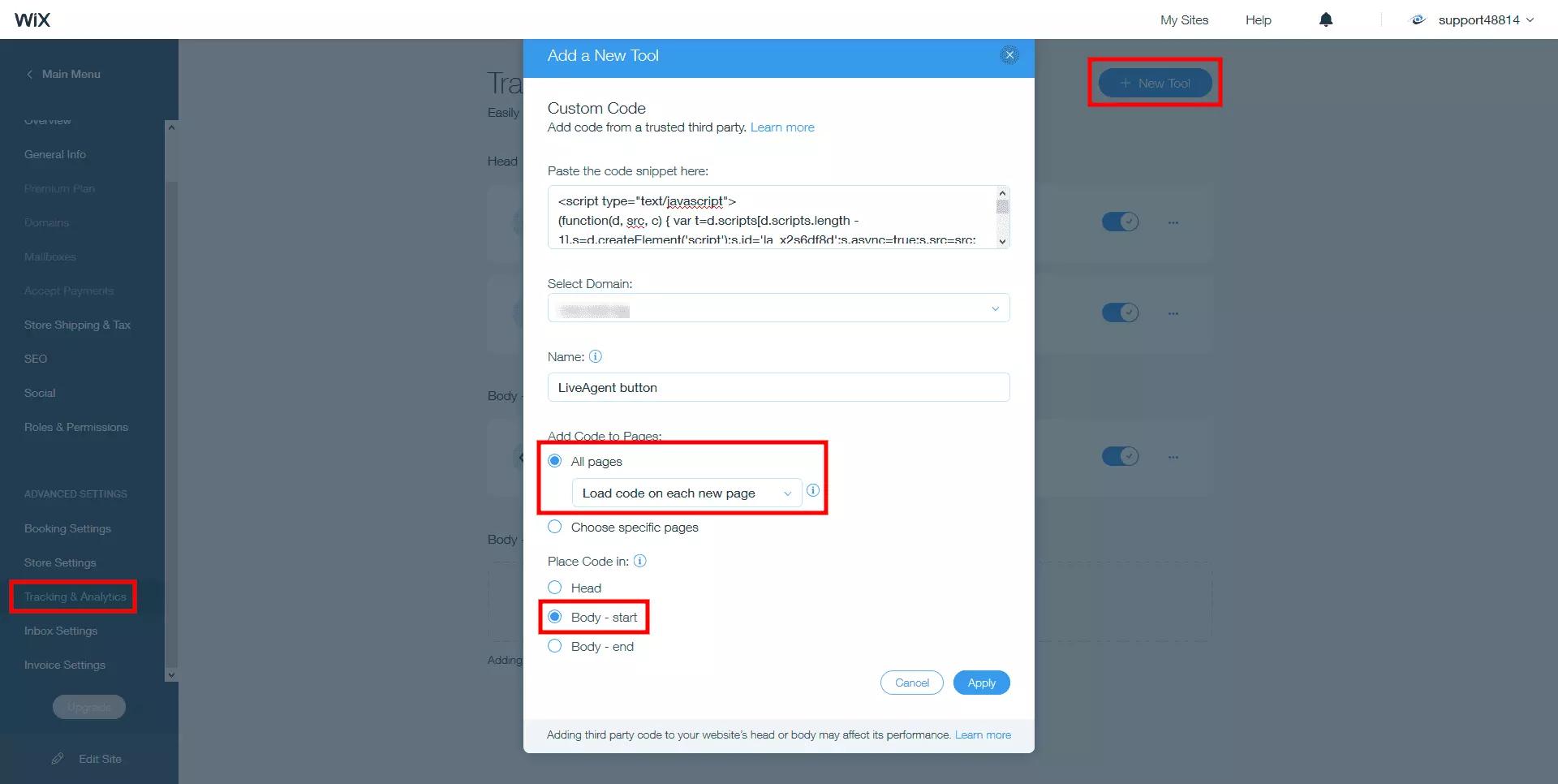 Novietojiet LiveAgent tiešās tērzēšanas kodu Wix vietnes ķermenī