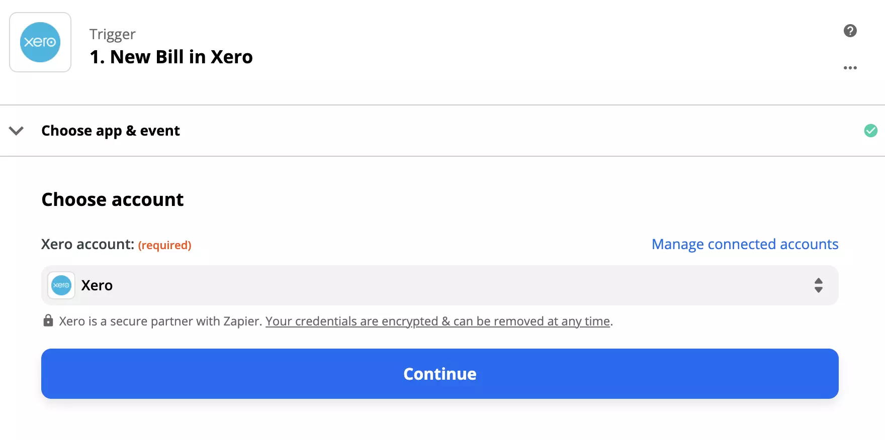 Xero triggers konfigurācijas opcijas Zapier vietnē